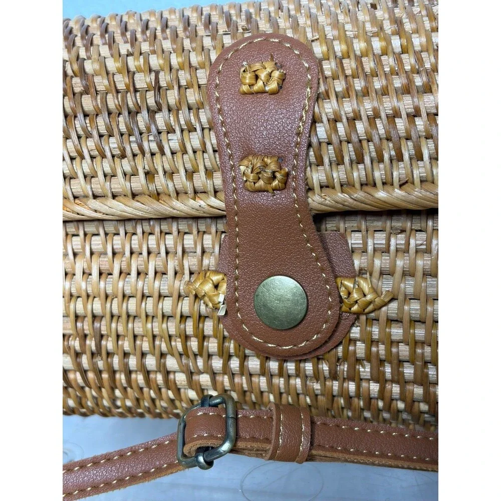 Handwoven Rattan Shoulder Leather Strap Floral Lined Bag